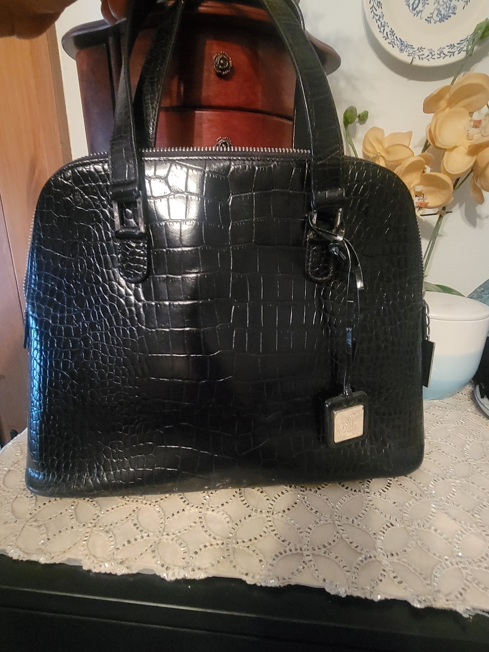 Lauren Ralph Lauren Black Croc-Embossed Handbag